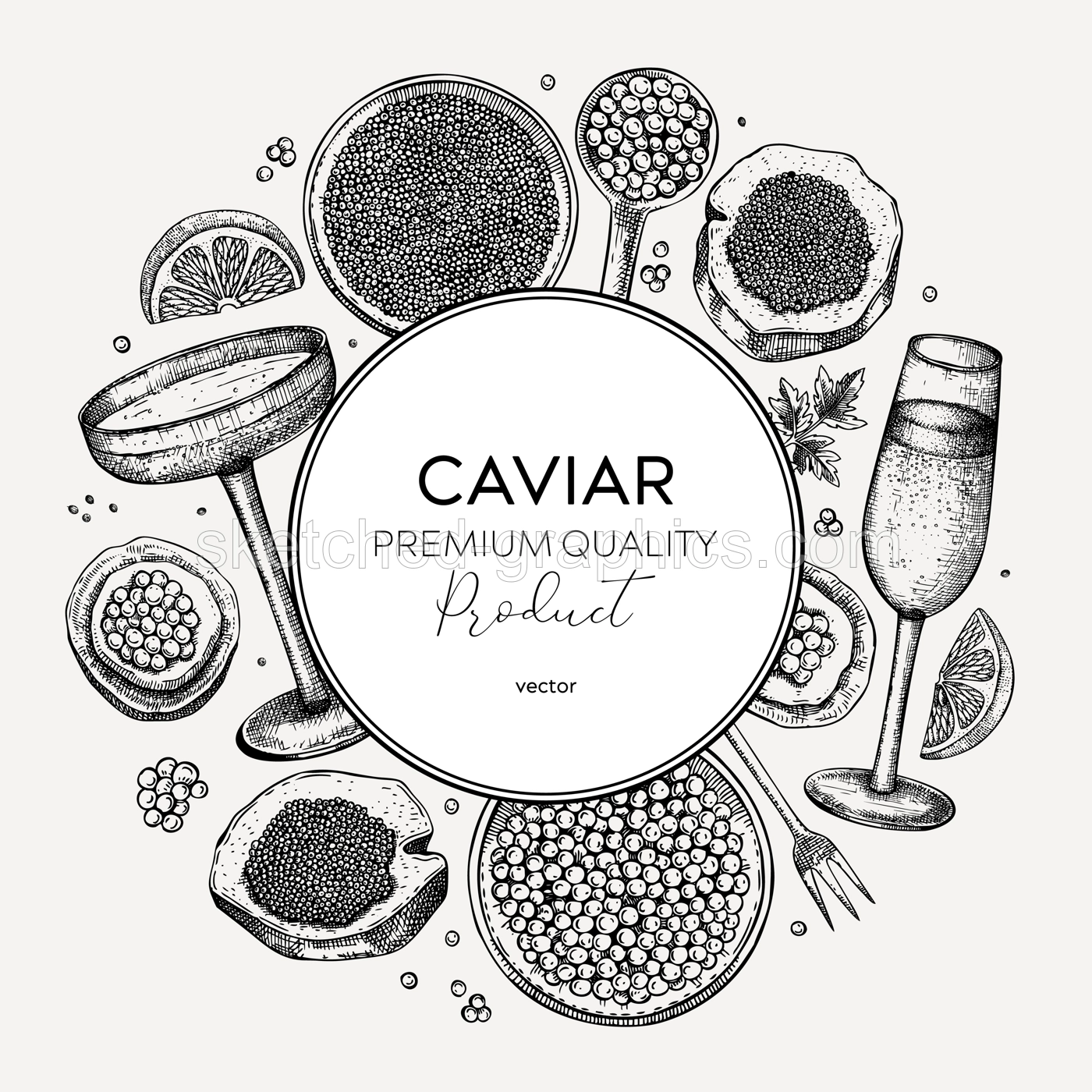 Caviar and champagne hand drawn illustration. Hand drawn wreath with red caviar canape, canned black caviar, sparkling wine bottle, glasses sketches. Seafood background in vintage style Illustration